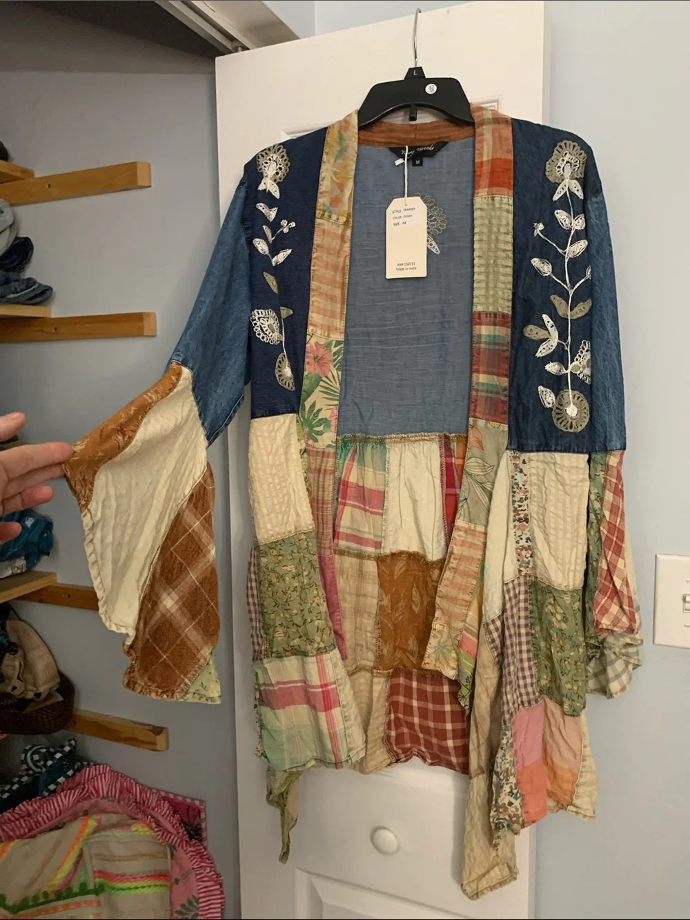 Denim Embroidery Patchwork Kimono with Bell Sleeves - Picture 3 of 3
